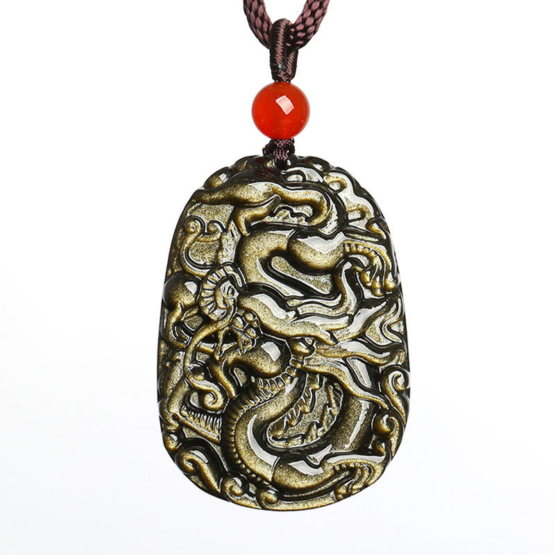 Buddha Stones Gold Sheen Obsidian Dragon Pattern Success Necklace Pendant - image 6