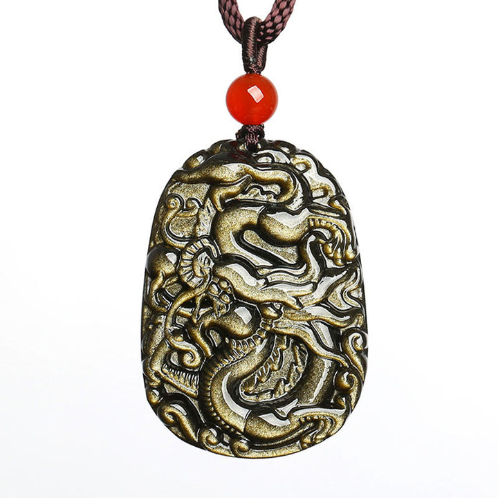 Buddha Stones Gold Sheen Obsidian Dragon Pattern Success Necklace Pendant - image 6