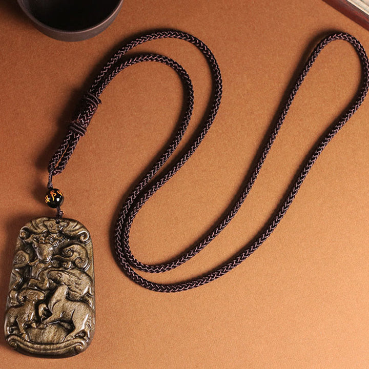 Buddha Stones Gold Sheen Obsidian Three Goats Bring Good Luck Pattern Wealth Necklace Pendant