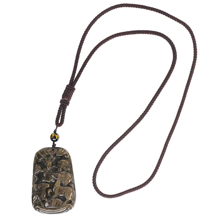 Buddha Stones Gold Sheen Obsidian Three Goats Bring Good Luck Pattern Wealth Necklace Pendant