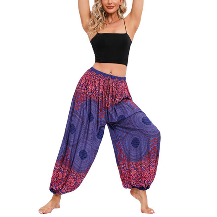 Buddha Stones Loose Circle-shaped Flowers Pattern Harem Trousers Women's Yoga Pants