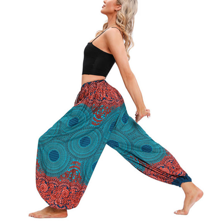 Buddha Stones Loose Circle-shaped Flowers Pattern Harem Trousers Women's Yoga Pants