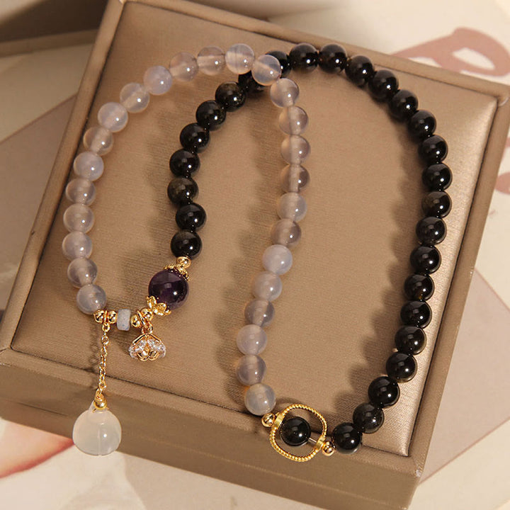 Buddha Stones Gold Sheen Obsidian Gray Agate Lotus Charm Strengthen Double Wrap Bracelet