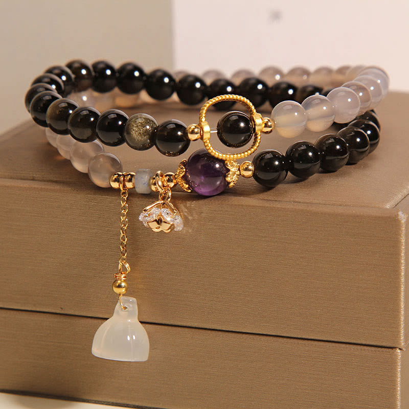 Buddha Stones Gold Sheen Obsidian Gray Agate Lotus Charm Strengthen Double Wrap Bracelet