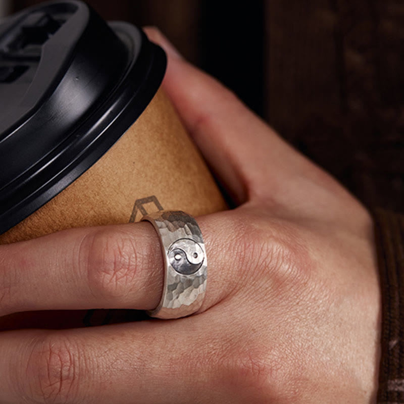 Buddha Stones Handmade 999 Sterling Silver Yin Yang Bagua Symbol Harmony Adjustable Ring