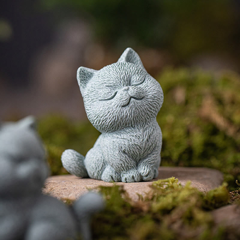 Buddha Stones Small Cat Home Tea Pet Figurine Desk Decoration - Close Eyes Cat 5.6*5*7.2cm - image 0