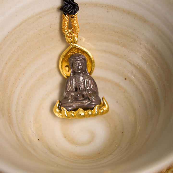 Buddha Stones Alloy Kwan Yin Avalokitesvara Wealth Rope Necklace Pendant