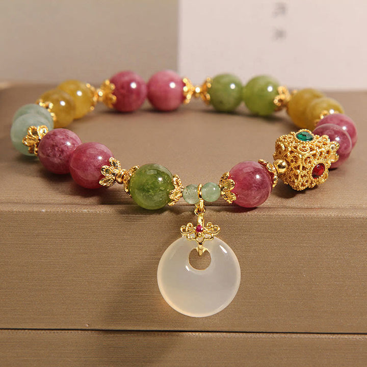 Buddha Stones Colorful Tourmaline Peace Buckle Charm Wisdom Bracelet