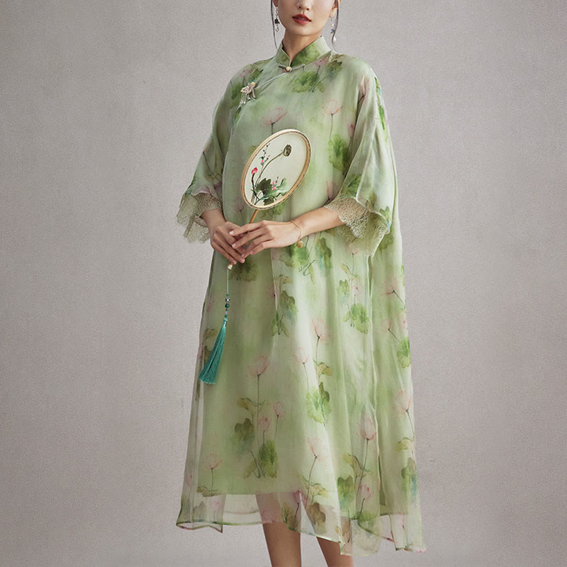 Buddha Stones 100% Mulberry Silk Organza Green Lotus Leaf Pink Lotus Print Qipao Cheongsam Dress