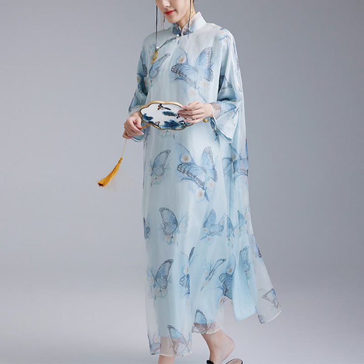 Buddha Stones 100% Mulberry Silk Organza Blue Butterfly Print Qipao Cheongsam Dress