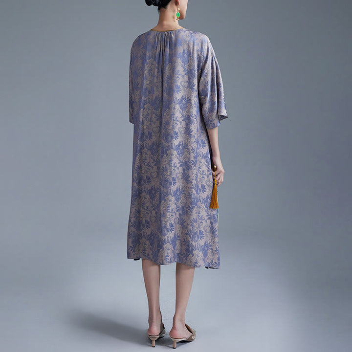 Buddha Stones Small Flower Leaf Jacquard Chinese Cheongsam Qipao Midi Dress With Pockets - image 12