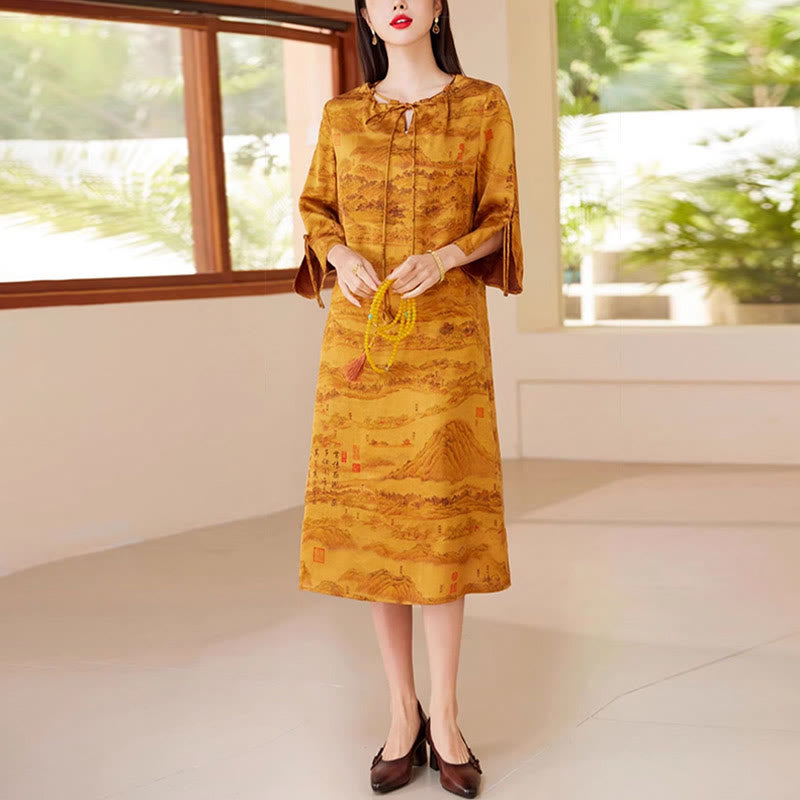 Buddha Stones 100% Mulberry Xiangyunsha Silk 35 Momme Landscape Painting Drawstring Midi Dress