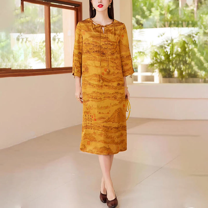 Buddha Stones 100% Mulberry Xiangyunsha Silk 35 Momme Landscape Painting Drawstring Midi Dress