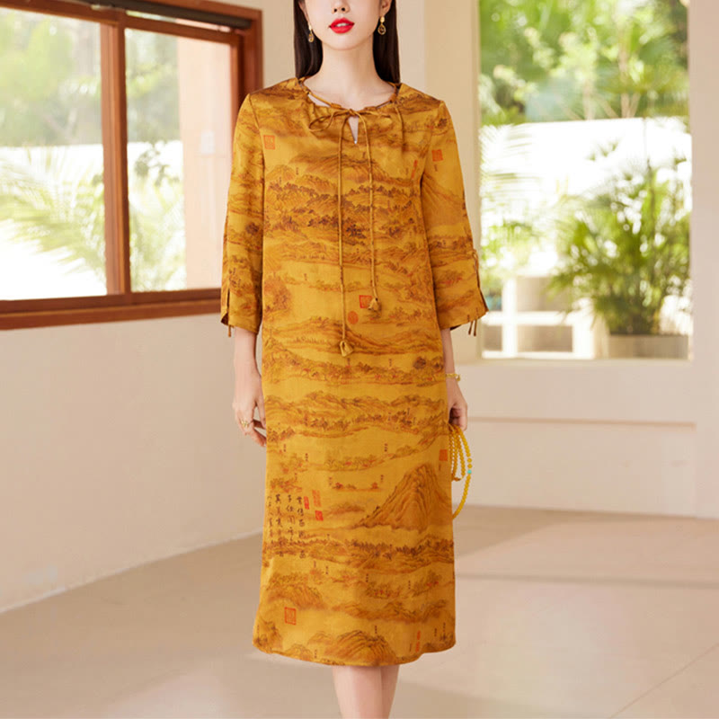 Buddha Stones 100% Mulberry Xiangyunsha Silk 35 Momme Landscape Painting Drawstring Midi Dress