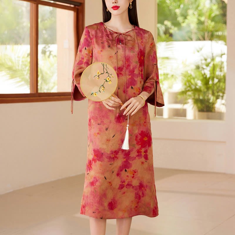 Buddha Stones 100% Mulberry Xiangyunsha Silk 35 Momme Landscape Painting Drawstring Midi Dress