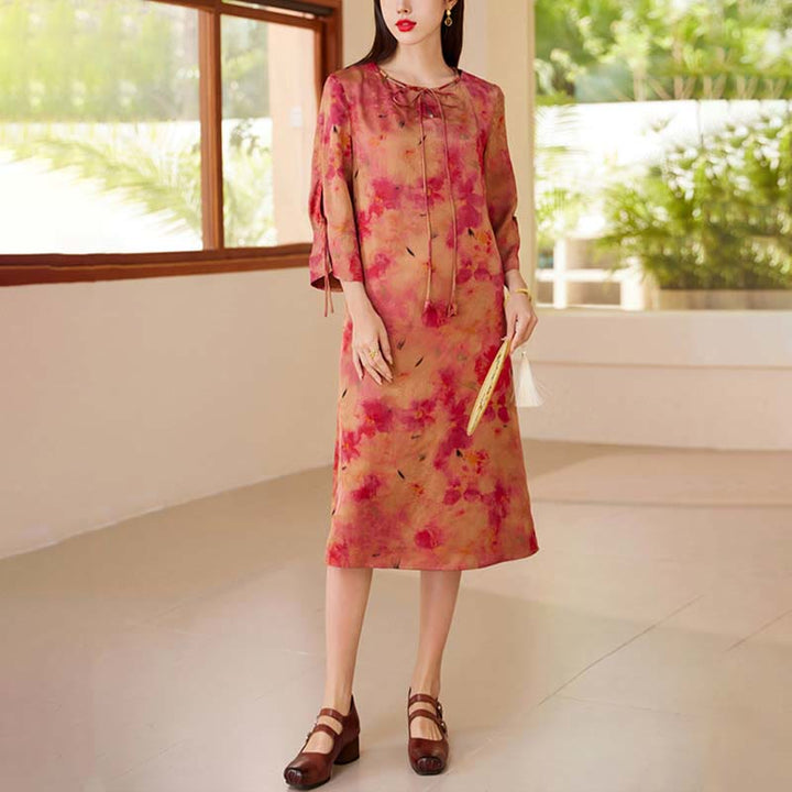 Buddha Stones 100% Mulberry Xiangyunsha Silk 35 Momme Landscape Painting Drawstring Midi Dress