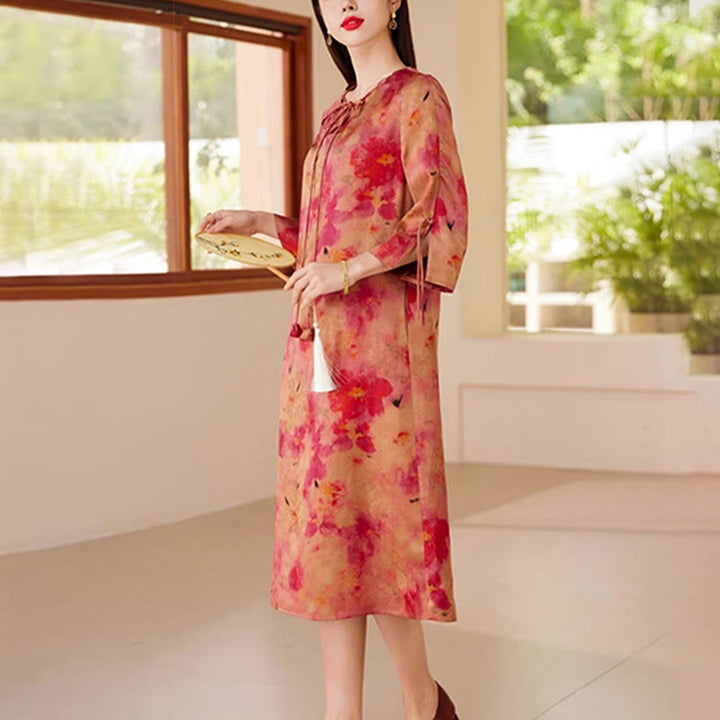 Buddha Stones 100% Mulberry Xiangyunsha Silk 35 Momme Landscape Painting Drawstring Midi Dress