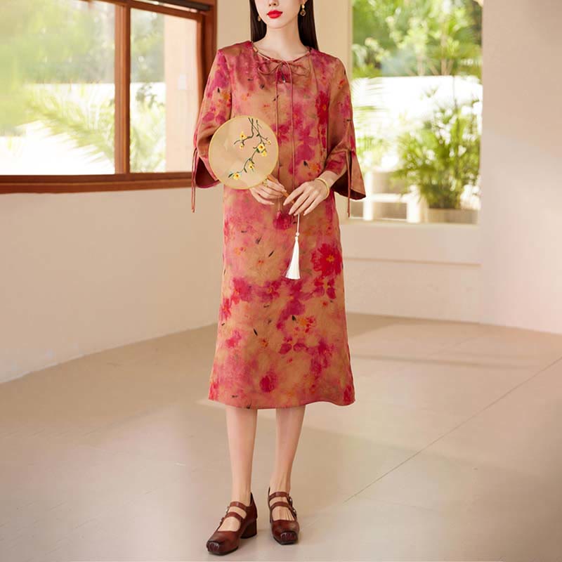 Buddha Stones 100% Mulberry Xiangyunsha Silk 35 Momme Landscape Painting Drawstring Midi Dress