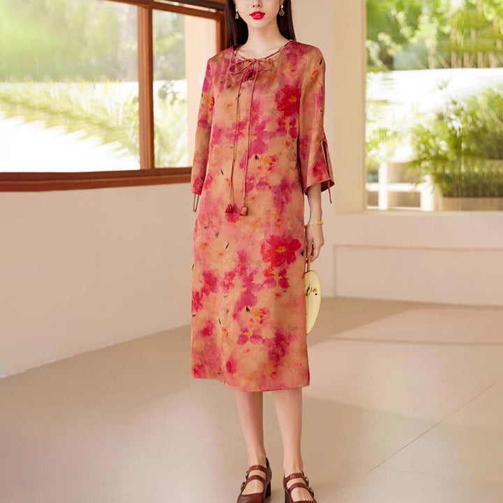 Buddha Stones 100% Mulberry Xiangyunsha Silk 35 Momme Landscape Painting Drawstring Midi Dress