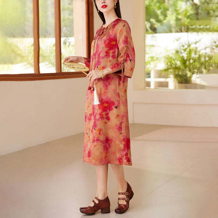 Buddha Stones 100% Mulberry Xiangyunsha Silk 35 Momme Landscape Painting Drawstring Midi Dress