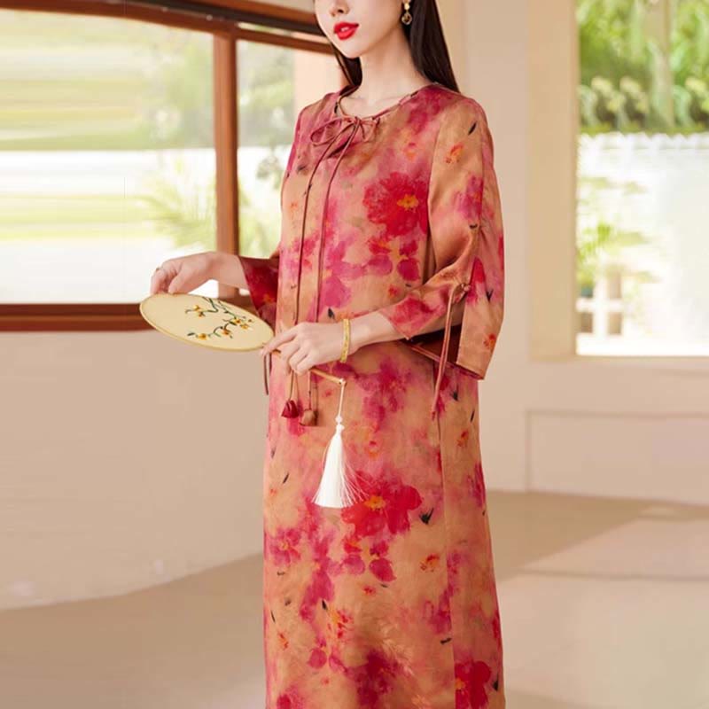 Buddha Stones 100% Mulberry Xiangyunsha Silk 35 Momme Landscape Painting Drawstring Midi Dress