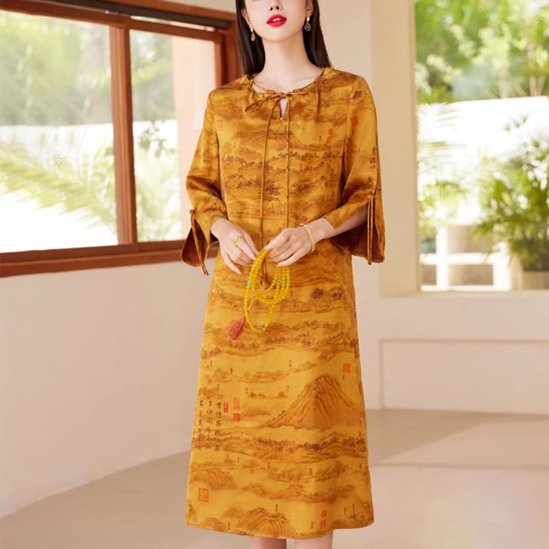 Buddha Stones 100% Mulberry Xiangyunsha Silk 35 Momme Landscape Painting Drawstring Midi Dress