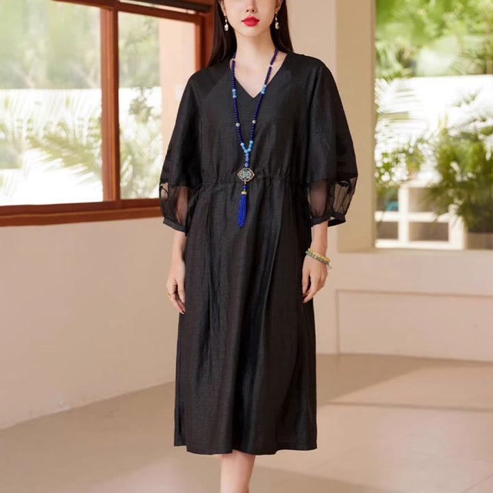 Buddha Stones 100% Mulberry Xiangyunsha Silk 35 Momme Solid Color V-Neck Midi Dress With Pockets