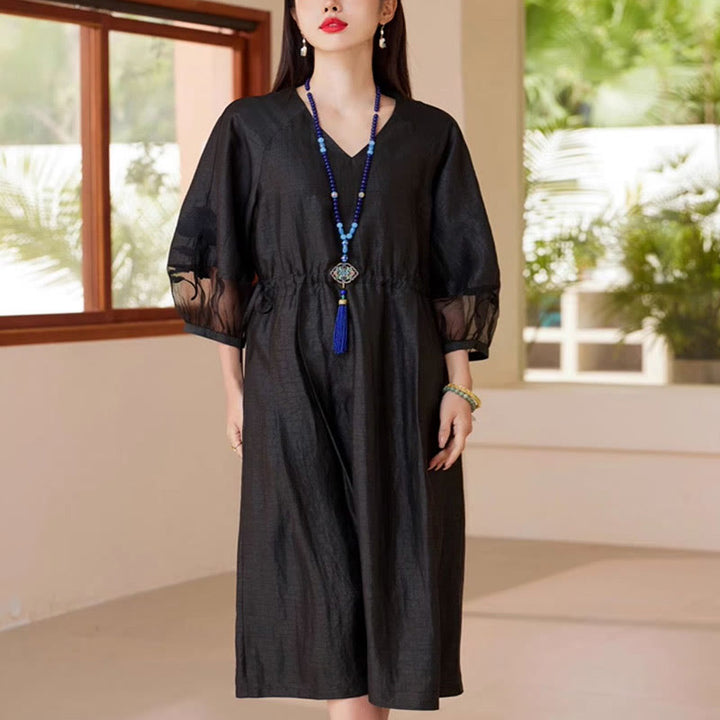 Buddha Stones 100% Mulberry Xiangyunsha Silk 35 Momme Solid Color V-Neck Midi Dress With Pockets