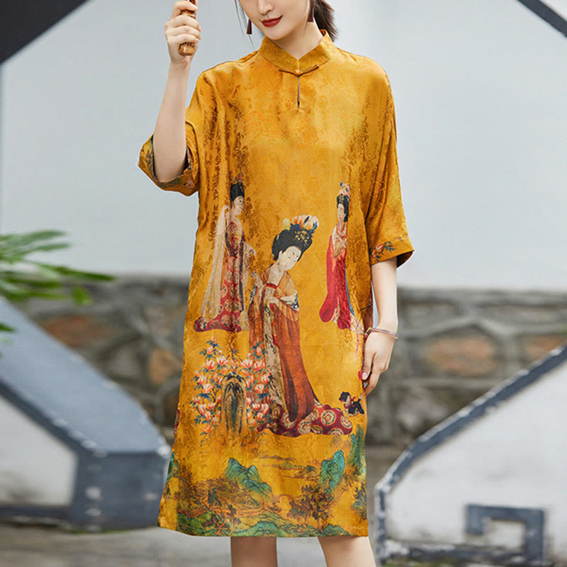 Buddha Stones Mulberry Xiangyunsha Silk 30 Momme Lady of Tang Dynasty Painting Qipao Cheongsam Dress