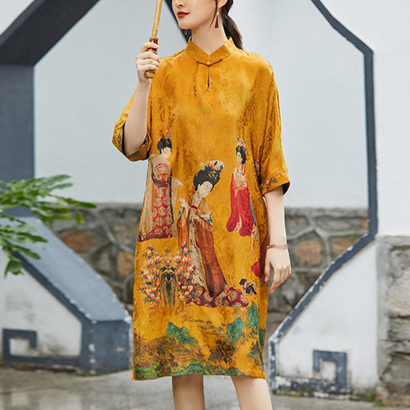 Buddha Stones Mulberry Xiangyunsha Silk 30 Momme Lady of Tang Dynasty Painting Qipao Cheongsam Dress