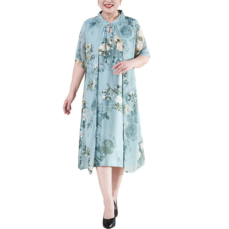 Buddha Stones Plus Size Women Summer Flowers Half Sleeve Midi Dress