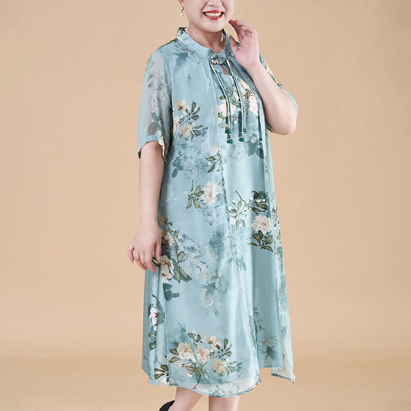 Buddha Stones Plus Size Women Summer Flowers Half Sleeve Midi Dress