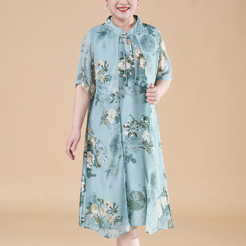 Buddha Stones Plus Size Women Summer Flowers Half Sleeve Midi Dress