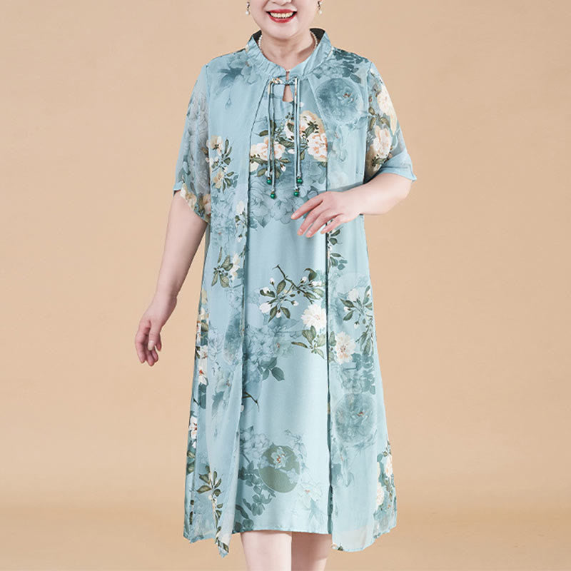 Buddha Stones Plus Size Women Summer Flowers Half Sleeve Midi Dress