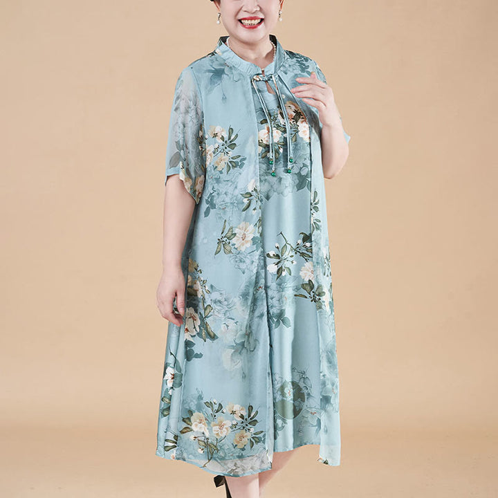 Buddha Stones Plus Size Women Summer Flowers Half Sleeve Midi Dress