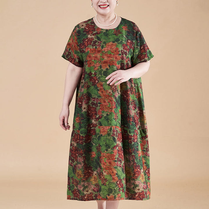 Buddha Stones Plus Size Summer Red Green Flowers Short Sleeve Midi Dress With Pockets