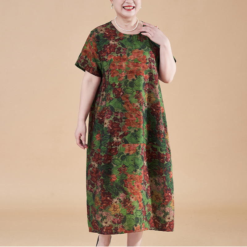 Buddha Stones Plus Size Summer Red Green Flowers Short Sleeve Midi Dress With Pockets