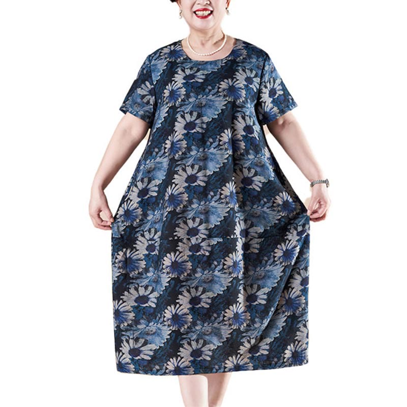 Buddha Stones Plus Size Summer Sunflower Short Sleeve Midi Dress With Pockets