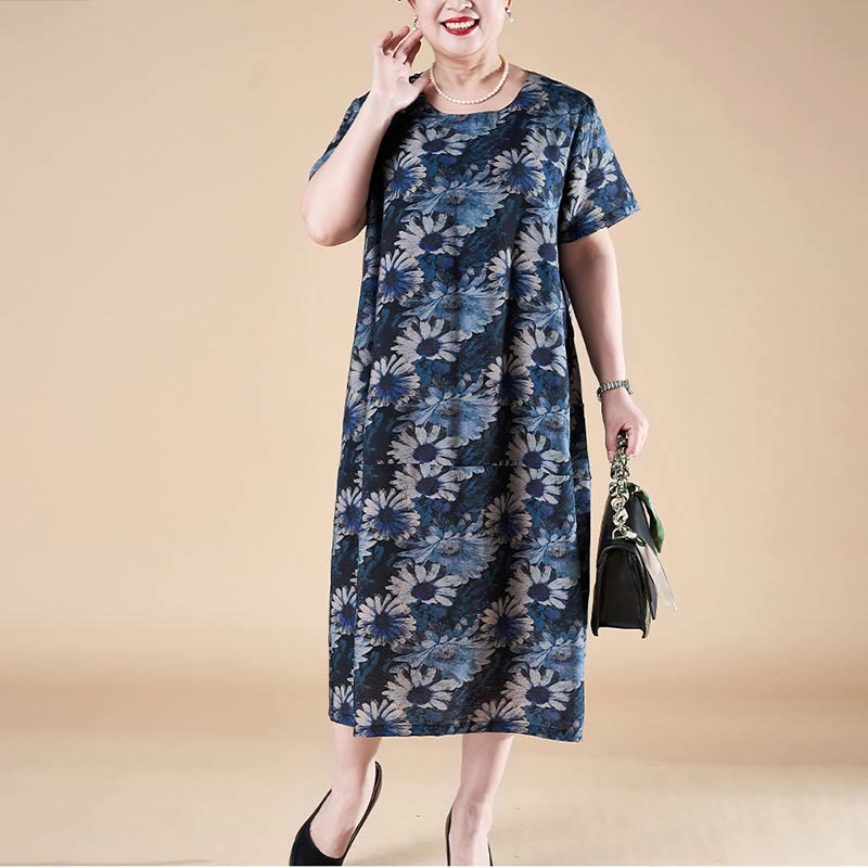 Buddha Stones Plus Size Summer Sunflower Short Sleeve Midi Dress With Pockets