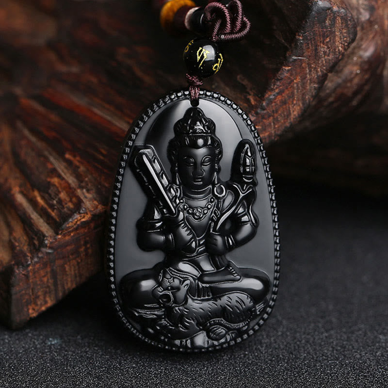 Buddha Stones Chinese Zodiac Natal Buddha Natural Black Obsidian Purification Necklace Pendant