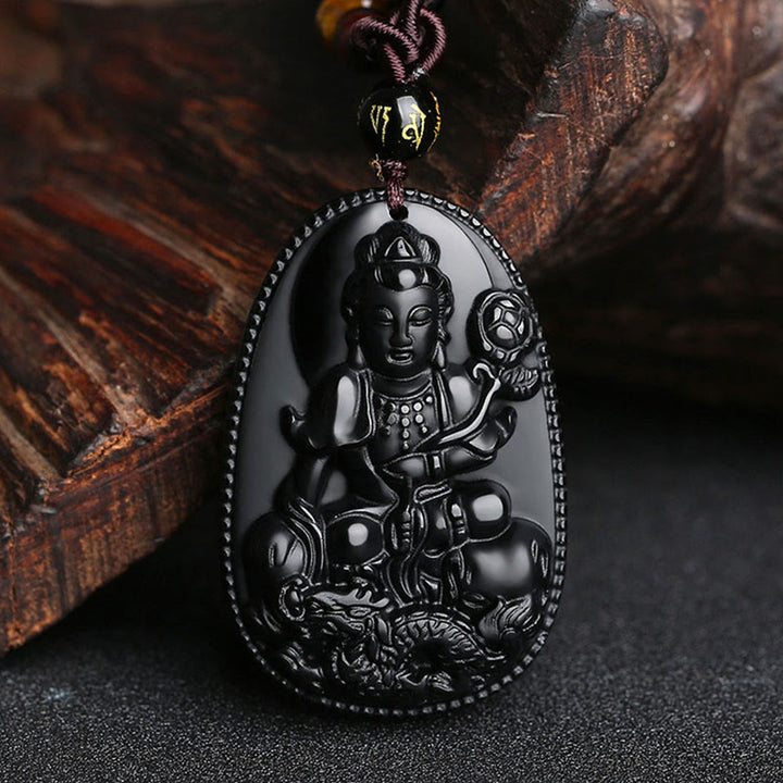 Buddha Stones Chinese Zodiac Natal Buddha Natural Black Obsidian Purification Necklace Pendant - Dragon-Samantabhadra Bodhisattva - image 17