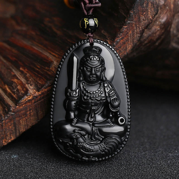 Buddha Stones Chinese Zodiac Natal Buddha Natural Black Obsidian Purification Necklace Pendant