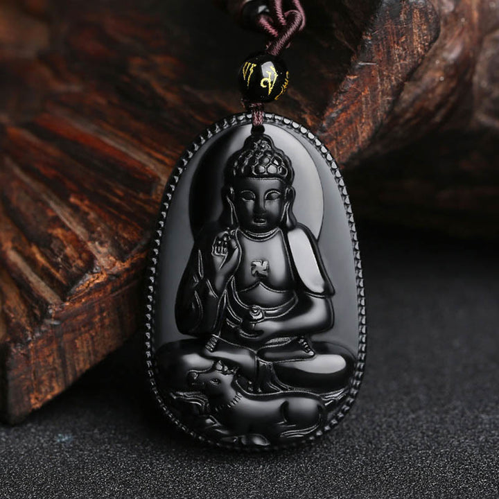 Buddha Stones Chinese Zodiac Natal Buddha Natural Black Obsidian Purification Necklace Pendant