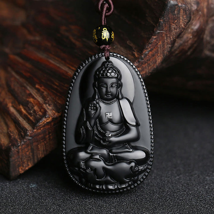 Buddha Stones Chinese Zodiac Natal Buddha Natural Black Obsidian Purification Necklace Pendant - image 2