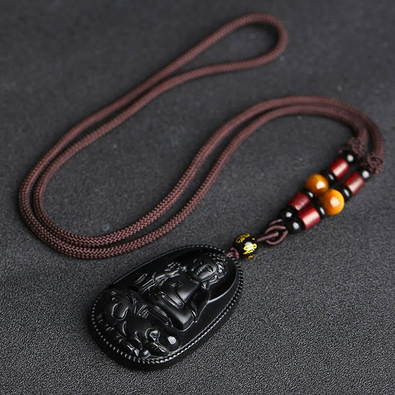 Buddha Stones Chinese Zodiac Natal Buddha Natural Black Obsidian Purification Necklace Pendant