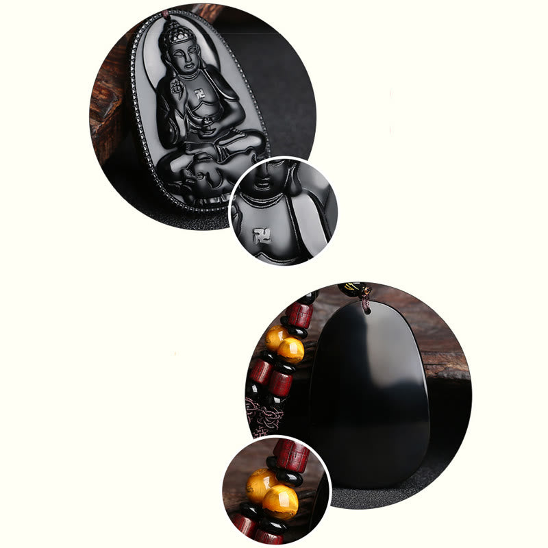 Buddha Stones Chinese Zodiac Natal Buddha Natural Black Obsidian Purification Necklace Pendant