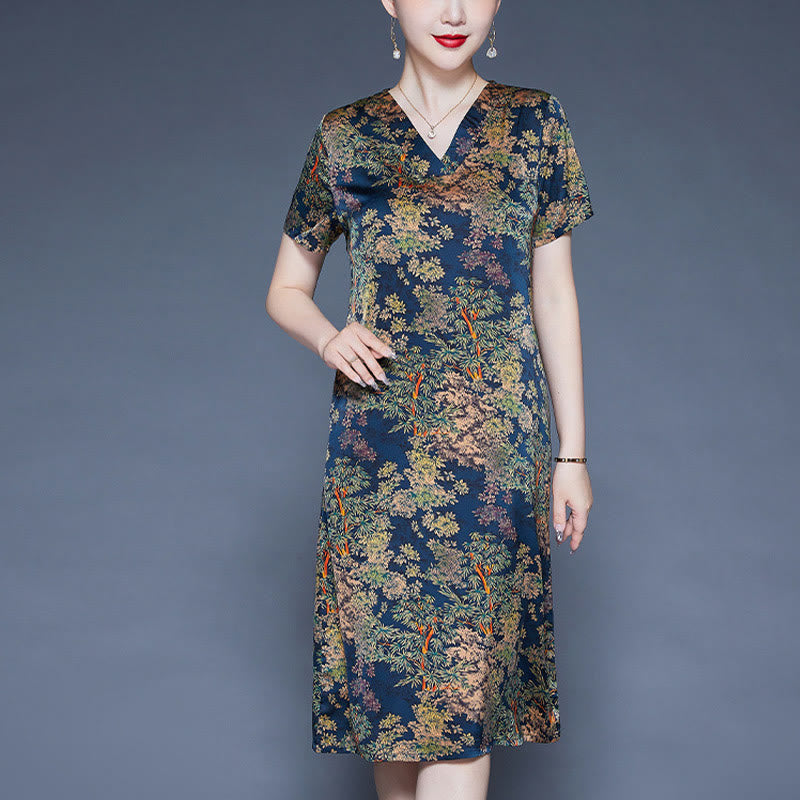 Buddha Stones V-Neck Tree Leaves Short Sleeve Midi Dress With Pockets