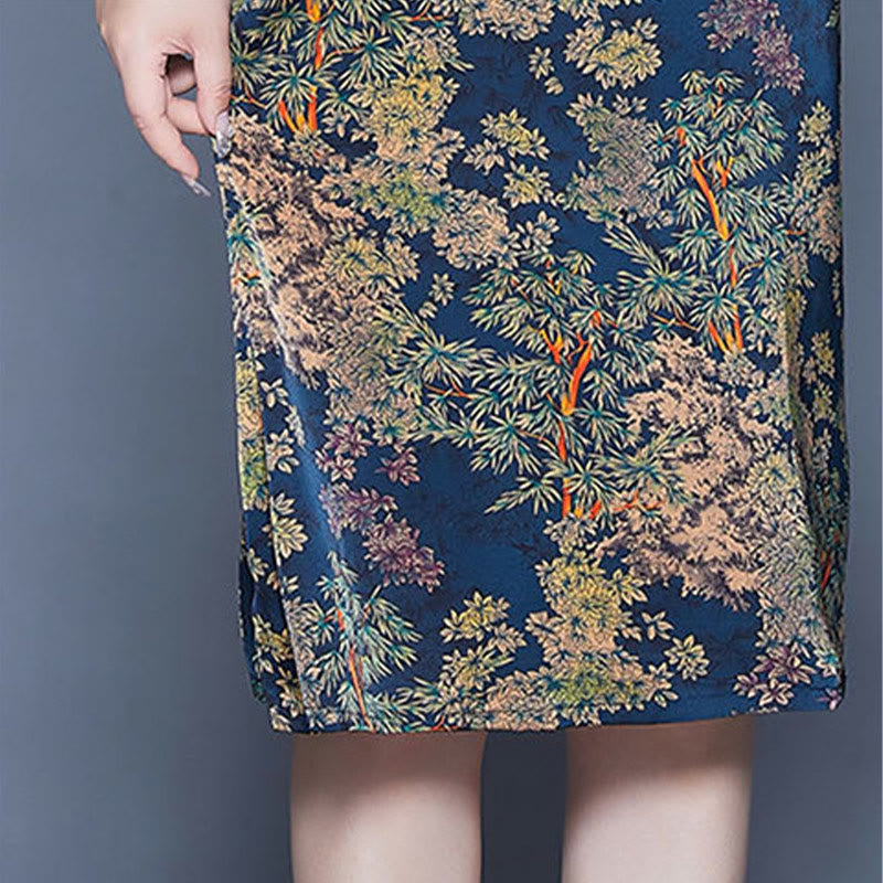 Buddha Stones V-Neck Tree Leaves Short Sleeve Midi Dress With Pockets