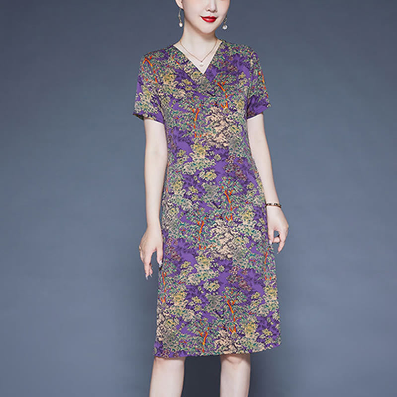 Buddha Stones V-Neck Tree Leaves Short Sleeve Midi Dress With Pockets