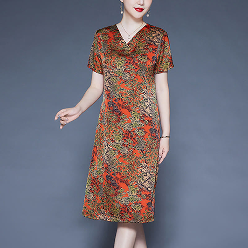 Buddha Stones V-Neck Tree Leaves Short Sleeve Midi Dress With Pockets